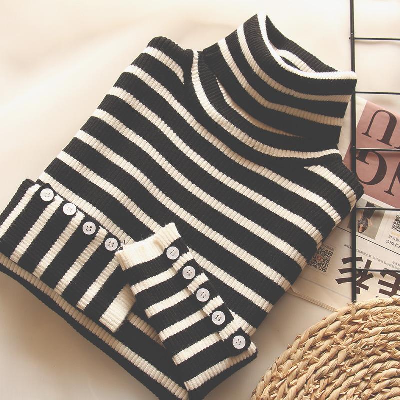 Autumn and winter new plush and thick striped T-shirt slim high neck sweater bottom coat women's long sleeve top