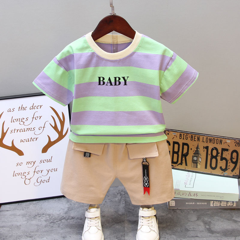 Pure cotton new boys' summer suit children's fashion striped short sleeve two piece suit