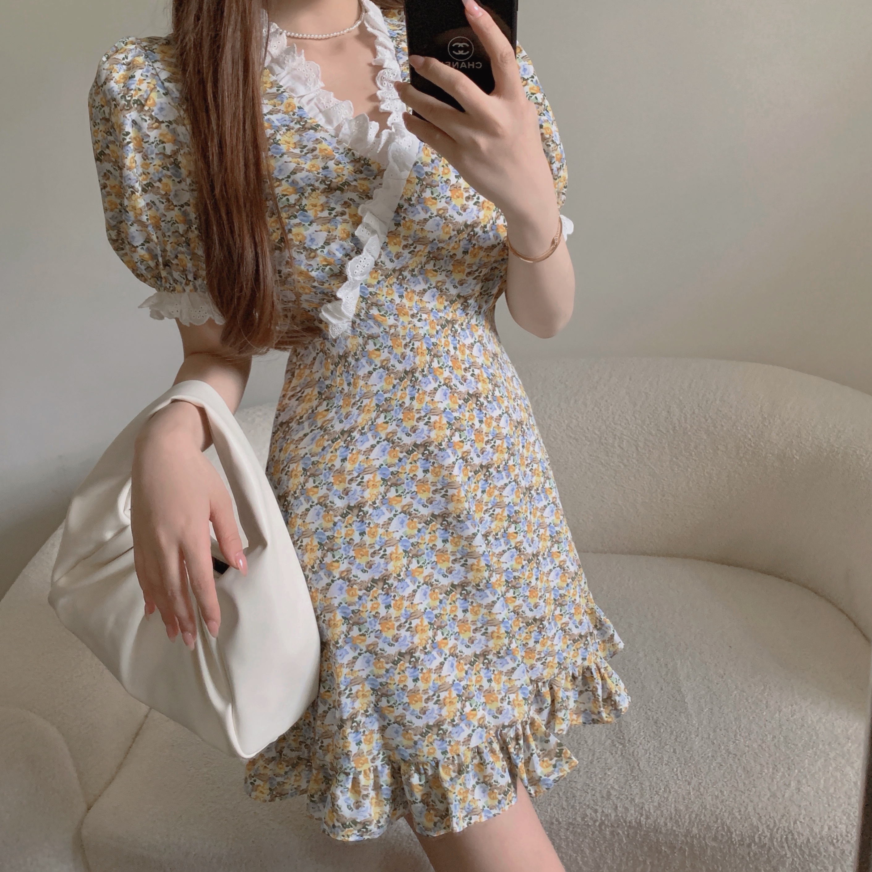Real shot real price air lace short sleeve dress women's waist slim lace medium long skirt