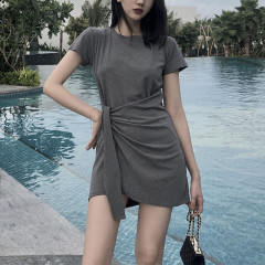Black grey dress women's new summer waist contracted temperament sexy slim T-shirt skirt