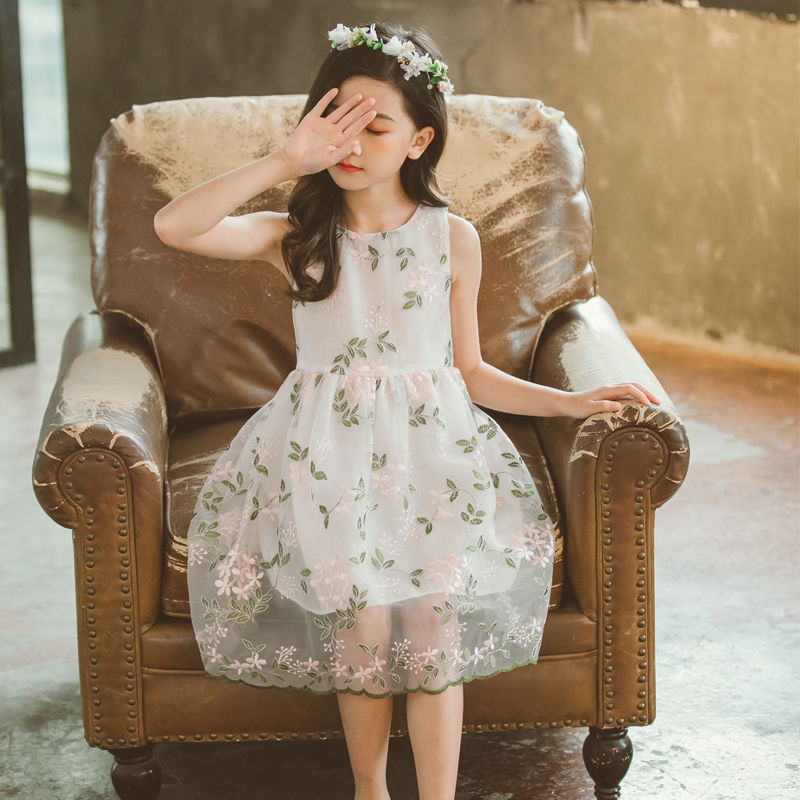 Girls' summer dress embroidered princess skirt middle school children's foreign gauze skirt little girl 8 years old 9 vest 10 skirt