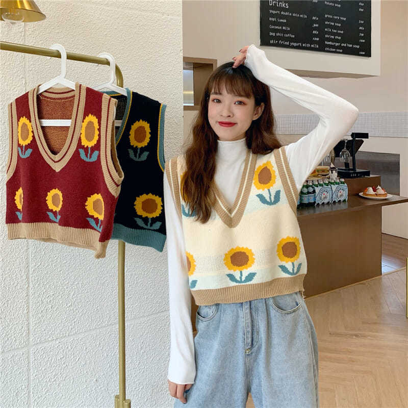 Retro contrast sunflower vest T-shirt women's new autumn 2020 Korean loose and thin outerwear top