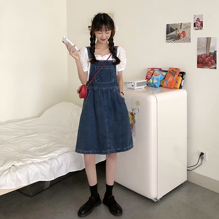 Real photo real price ghost horse girl style ~ Korean academic style all over denim belt skirt short skirt