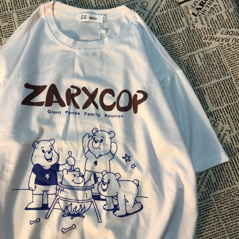 2021 popular cartoon bear print crew neck loose and versatile solid color T-shirt