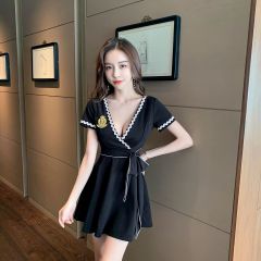 Real shot deep V bandage short sleeve uniform skirt essential A-line dress for nightclub bar