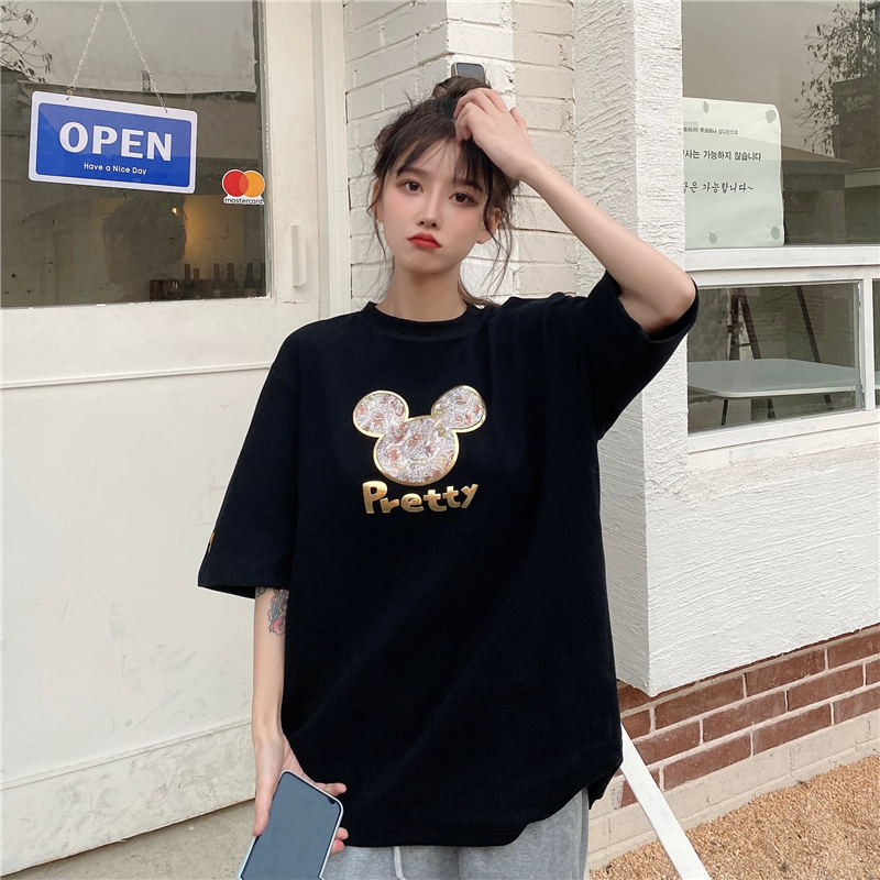 Loose short sleeve T-shirt women's heavy industry printing + embroidery Mickey