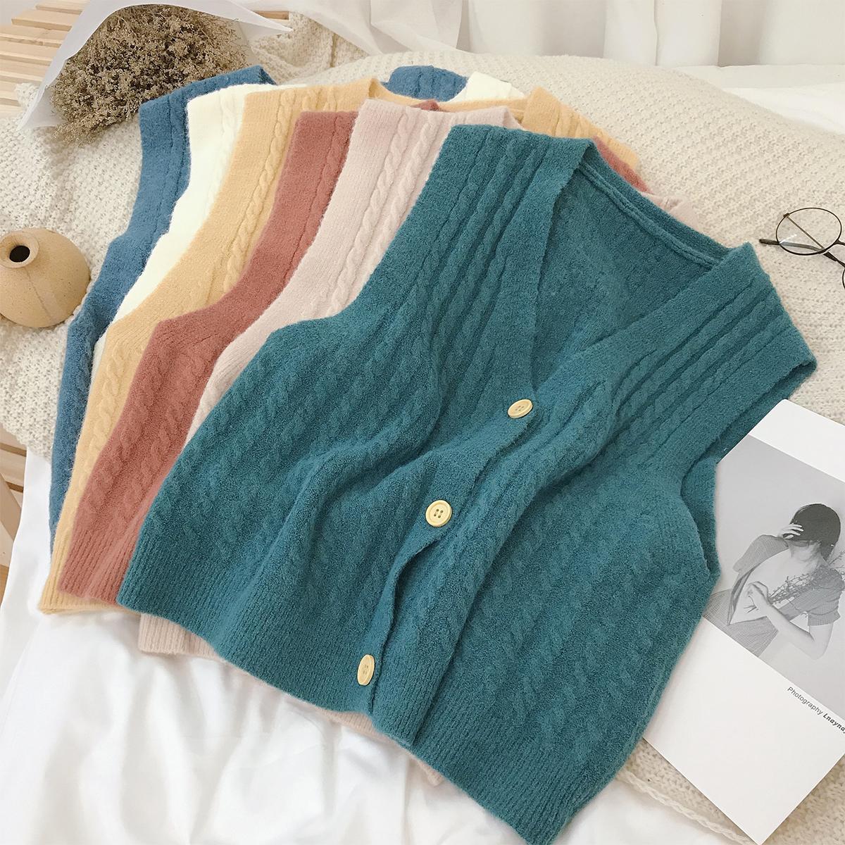 Solid V-neck single breasted knitted cardigan vest for women in early spring, autumn and winter