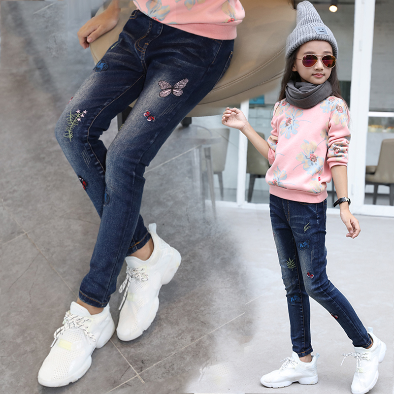 Plush and single autumn girl's wear children's slim autumn Pants Girls' Slim jeans