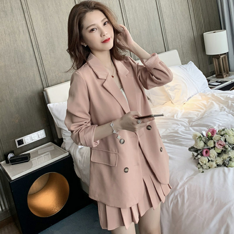Autumn new Korean pink Blazer Jacket + skirt suit women's net red casual two piece set