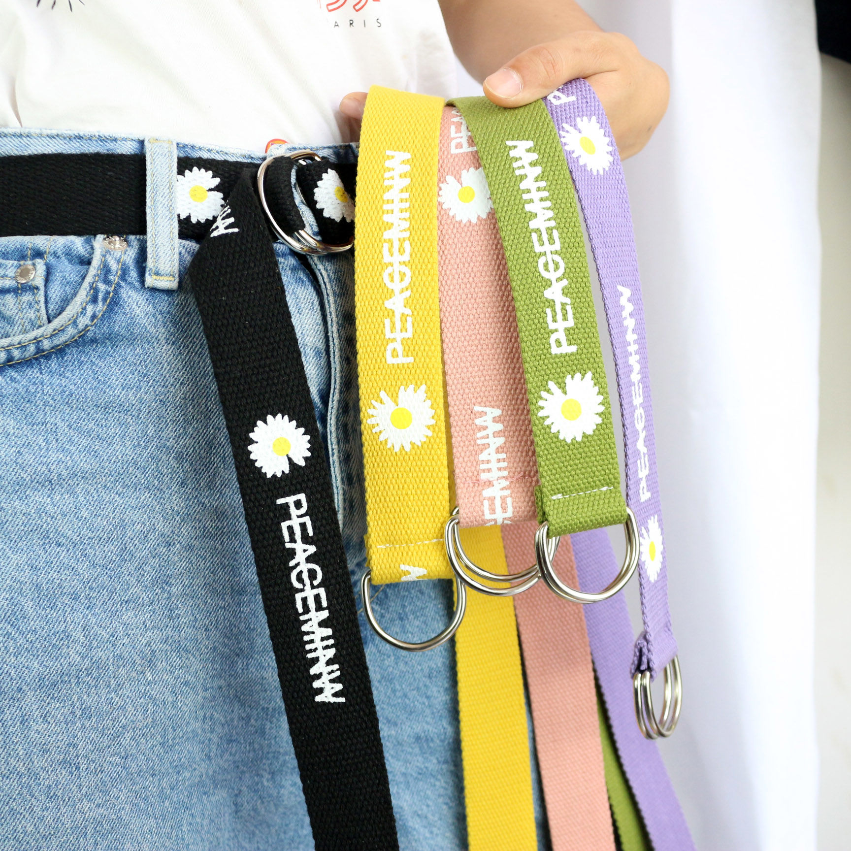 Small daisy canvas belt for men and women ins fashion net red decoration with jeans with versatile belt printing