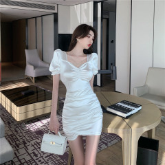 New French Satin short sleeve sexy high waist and thin buttock party dress