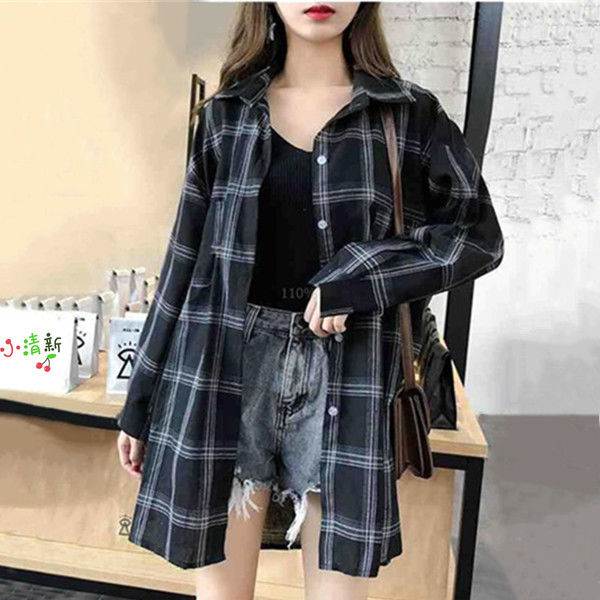Long Sleeve Plaid Shirt female student Korean loose spring summer thin shirt versatile BF medium length cardigan coat