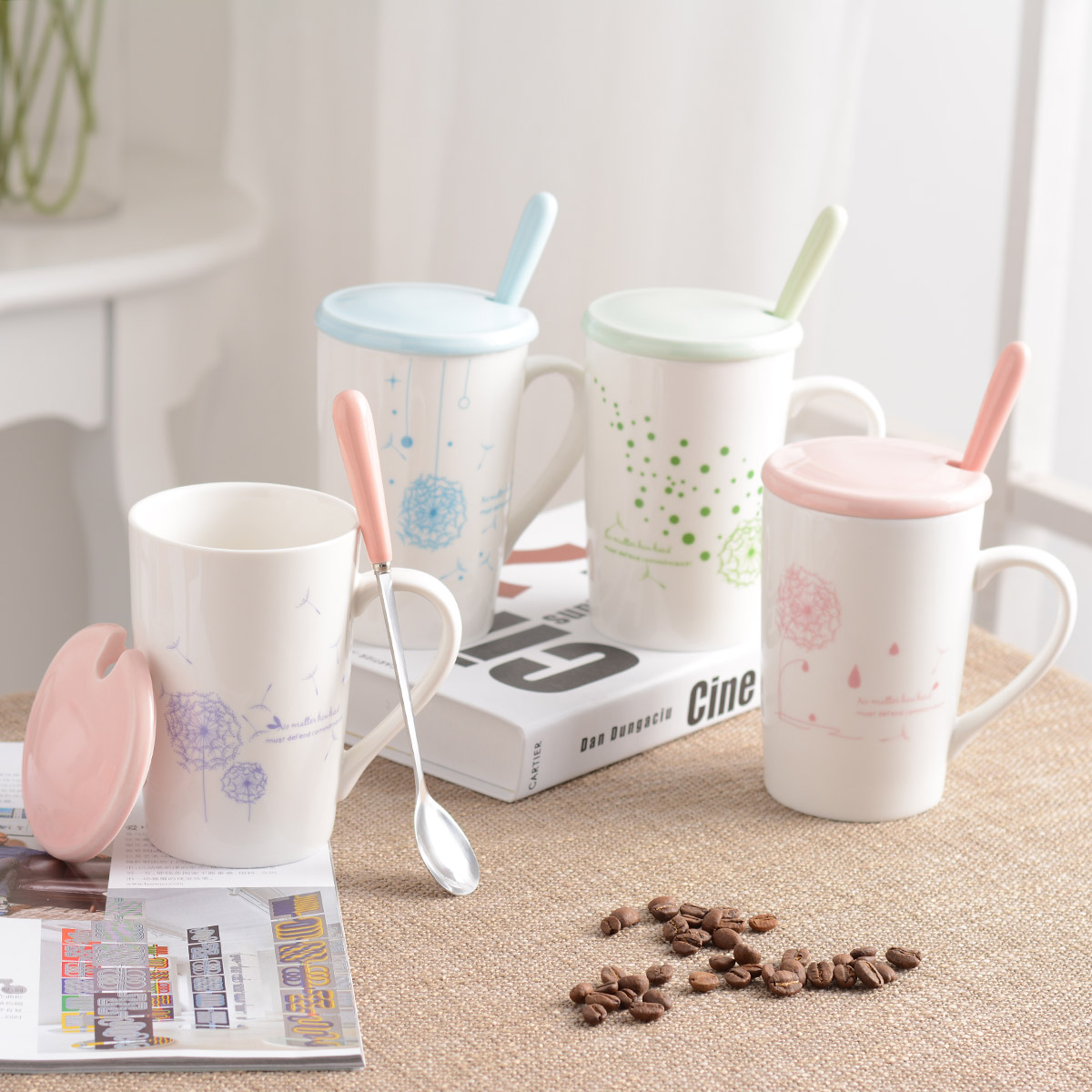 Creative ceramic cup with cover and spoon household coffee cup water cup tea cup milk cup student Mug large capacity