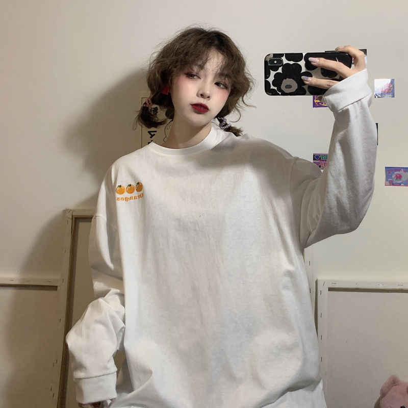 Spring and autumn Korean new loose medium length BF Harajuku style embroidered long sleeve T-shirt