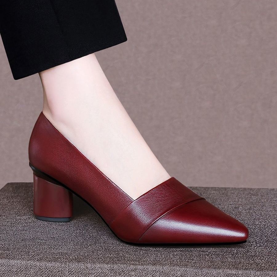 Autumn new soft leather shallow mouth medium heel thick heel single shoes women's pointed high heel retro national style high end women's shoes