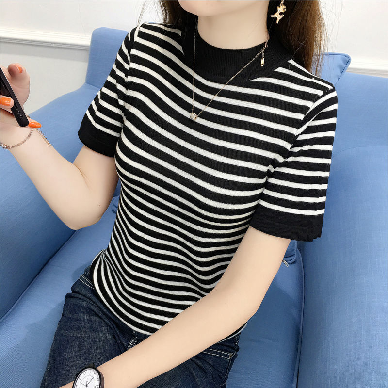 Half high neck Short Sleeve Striped T-shirt sweater women's T-shirt slim bottomed shirt women's spring and autumn TOP NEW