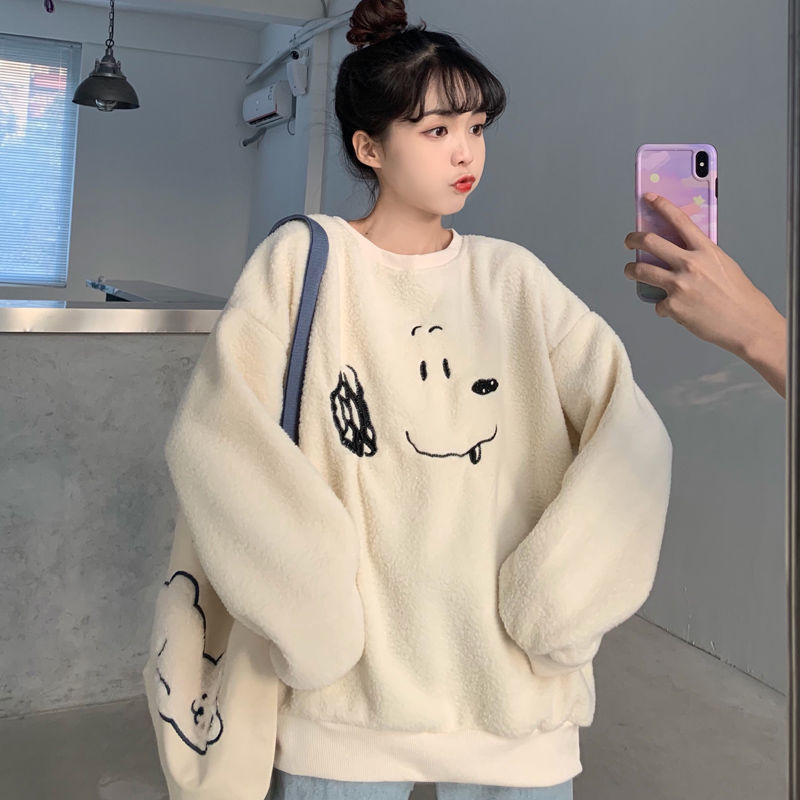 Women's thickened wide pine plain Sufeng BF lazy student lamb Plush coat