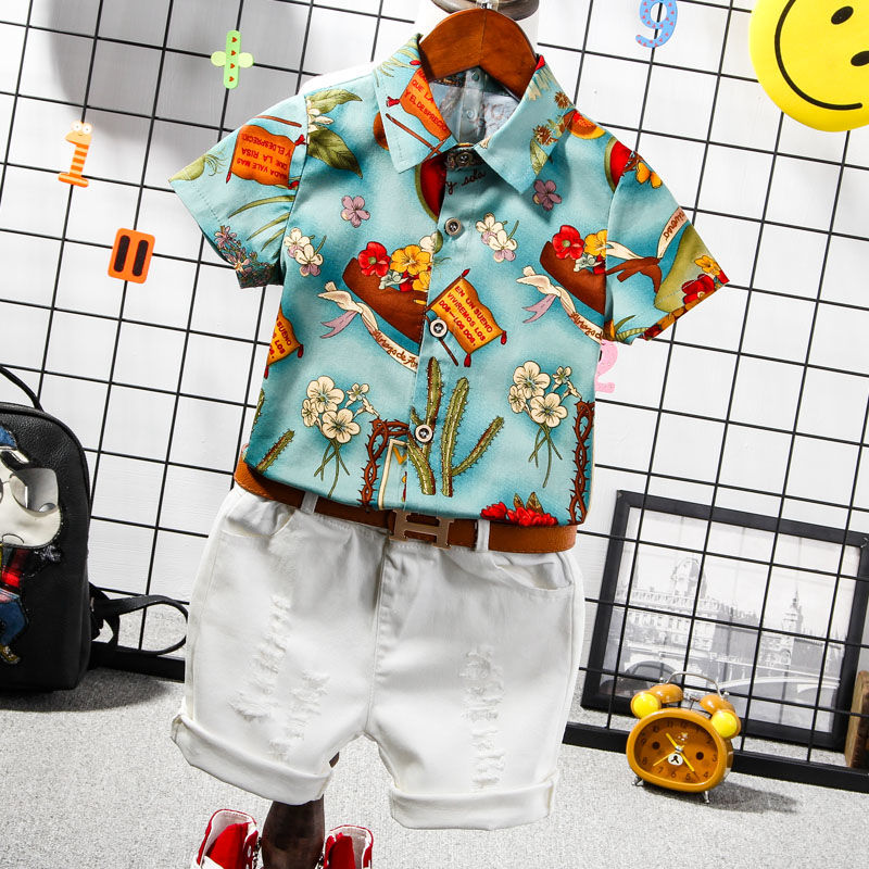 Boys' shirt summer children's Retro slim short sleeve shirt British Japanese printed shirt personality trendy man