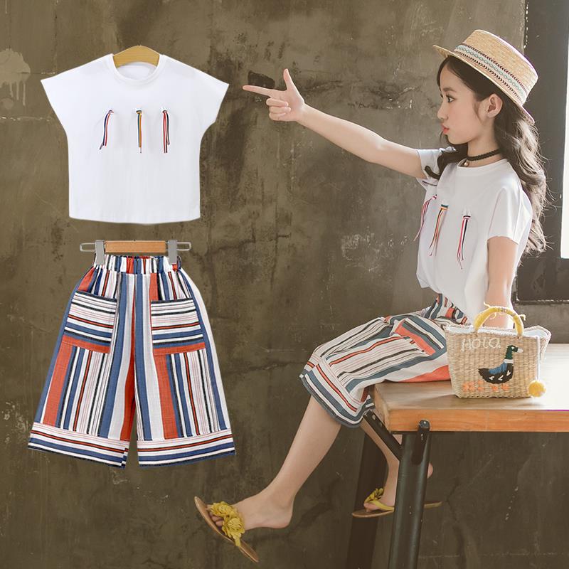 Children's wear girls' suit summer wear new 2021 Zhongda children's Korean striped ribbon top Capri wide leg pants suit