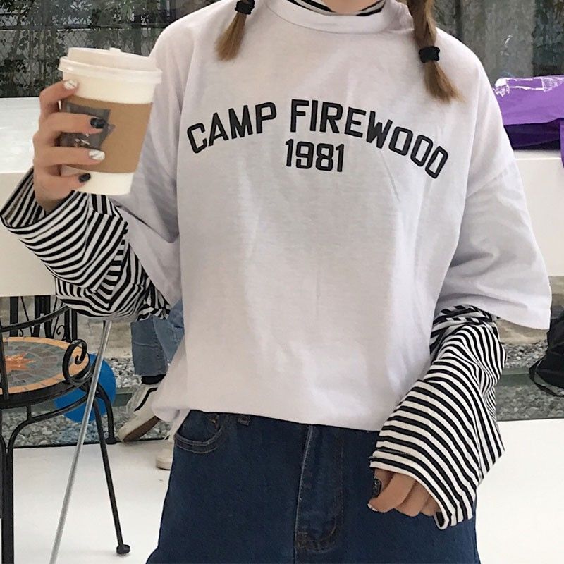 Fake two long sleeve T-shirt women's autumn top, Harajuku BF style loose, Korean versatile student stitching striped top