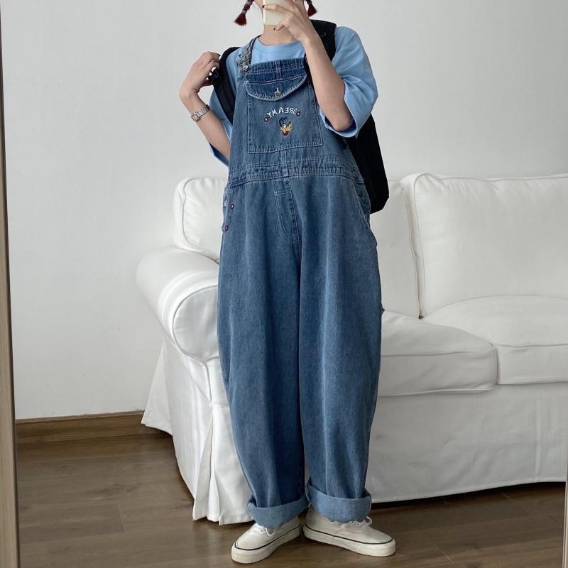 Japanese ins summer new relaxed and age-reducing cute old Embroidered Denim back pants women's flanging wide leg pants