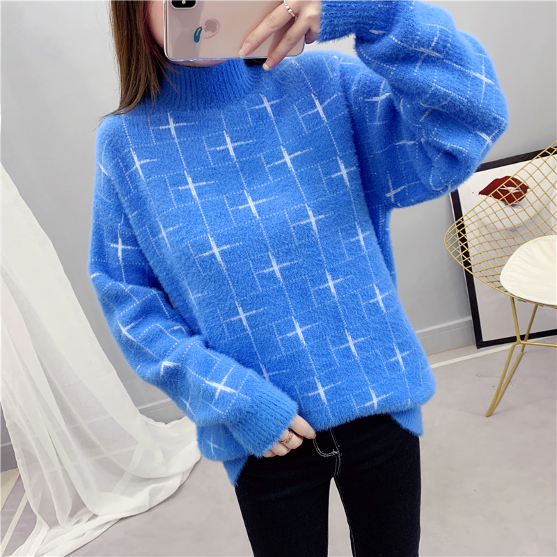 Real shot net red pullover women's mink like jacquard sweater 2019 half high collar loose bottoming