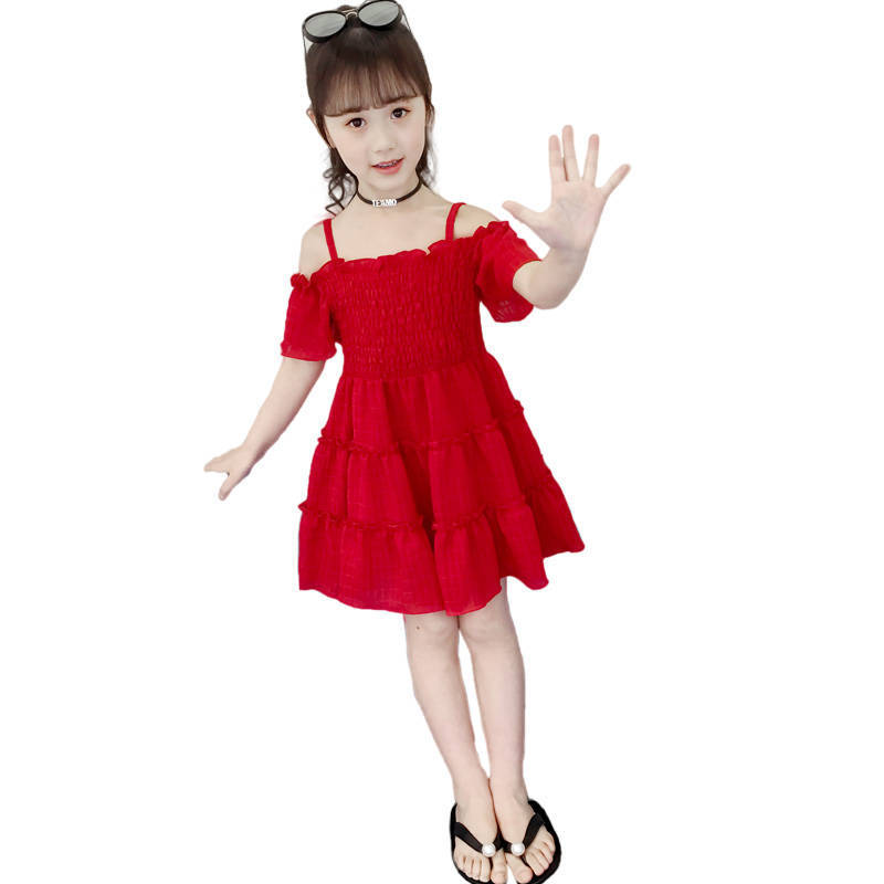 Children's girls' dress summer Chiffon middle school children's sling off shoulder one neck holiday girl princess skirt