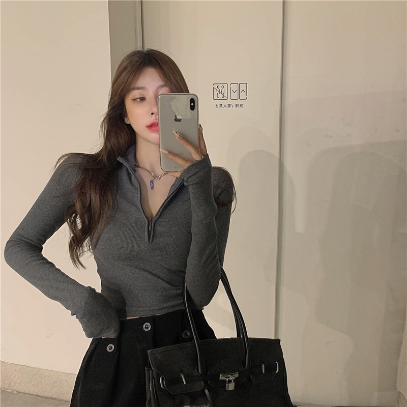 Real price photo solid color bottoming shirt zipper thread long sleeve T-shirt for women's slim short open navel top