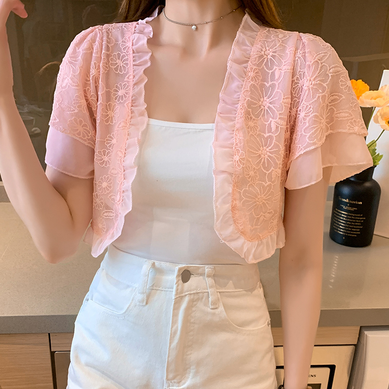Lace-cut short-sleeved cardigan, small shawl, small shoulder, Xia Baitao, thin summer jacket, 2018