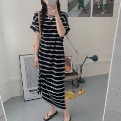 Real price versatile casual stripe loose dress T-shirt lazy style long T-shirt short sleeve split skirt