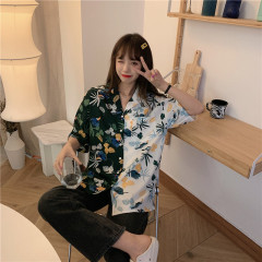 Real shooting of new summer dress retro Hong Kong style printing loose short sleeve shirt