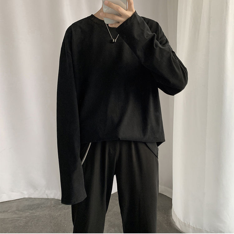 Retro street net red ulzzang pure white Long Sleeve high street retro base shirt with loose T-shirt for men and women