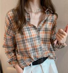 Autumn New Retro Hong Kong Style Plaid Shirt women's thin loose medium length shirt sunscreen jacket