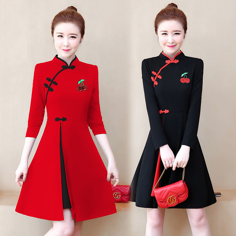 Large women's dress 2020 autumn new fat mm cover belly reduce age Chinese style daily improved short cheongsam dress