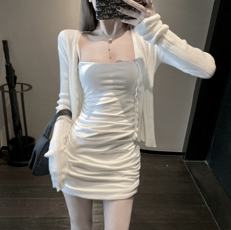 Real photo real price white soft girl's light and thin knitted sun proof shirt heart machine suspender dress