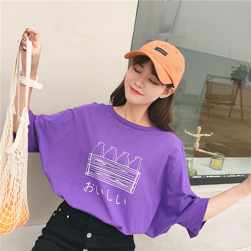 Korean version of loose-fitting student's short-sleeved Purple Print T-shirt for women 2019 new original summer jacket ulzzang