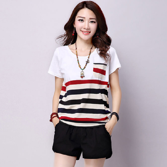 Summer new stripe short sleeve T-shirt women's slim top loose large women's round neck T-shirt