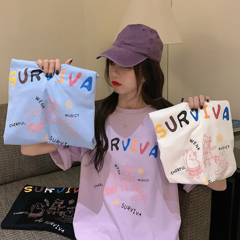 Cotton summer new short sleeve T-shirt women's loose cartoon print BF fashion super fire purple top women