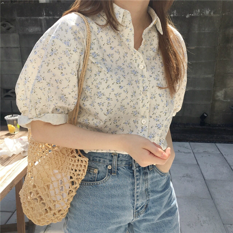 Summer new Korean student French sweet student small fresh Lapel short sleeve shirt women's floral top