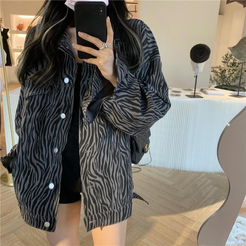 Fried Street Denim Jacket Women loose Korean denim 2021 new spring and autumn zebra Long Sleeve Jacket