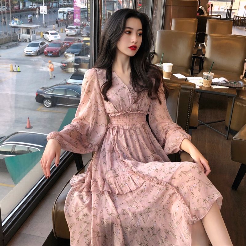 French retro dress Yamamoto knee length dress very fairy French minority Platycodon skirt Floral Chiffon Dress summer