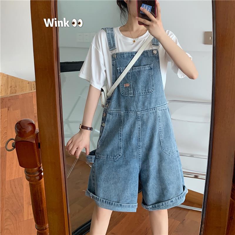 Denim backpack shorts female summer student loose and Lovely Japanese small wide leg slim suspender Jumpsuit