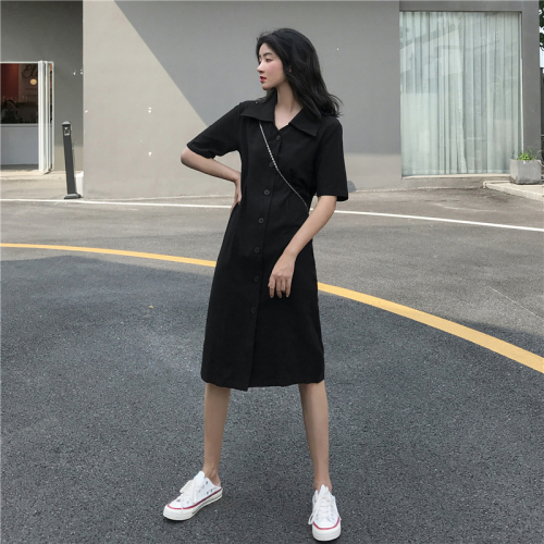 Real-price Korean version students'loose Lapel single-row button dress
