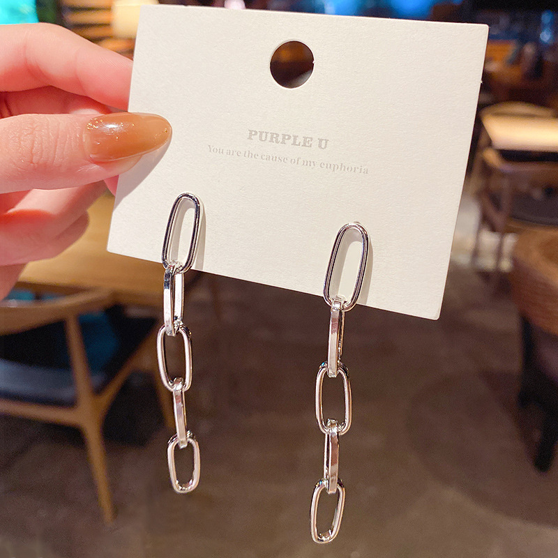 Real shot S925 silver needle Korean hip hop style long chain earrings personality simple temperament earrings earrings earrings