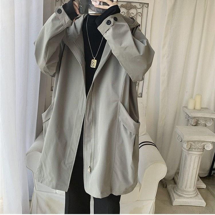 Tooling coat men's autumn and winter new Hong Kong Style ruffian handsome windbreaker jacket loose fashion brand medium long hooded jacket