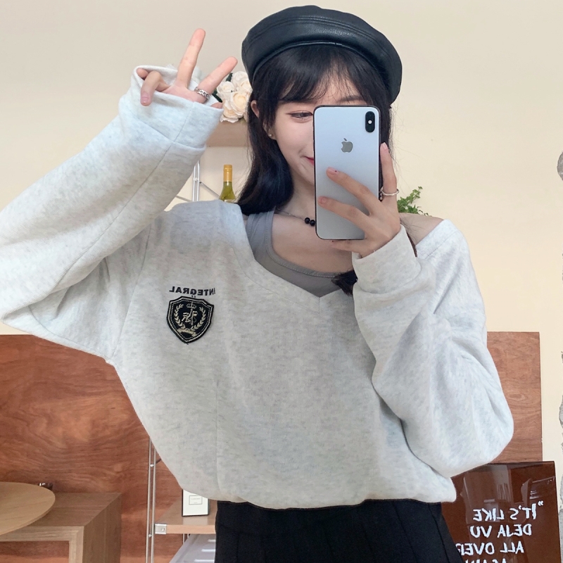 Real price thin women's sweater short V-neck fake two pieces