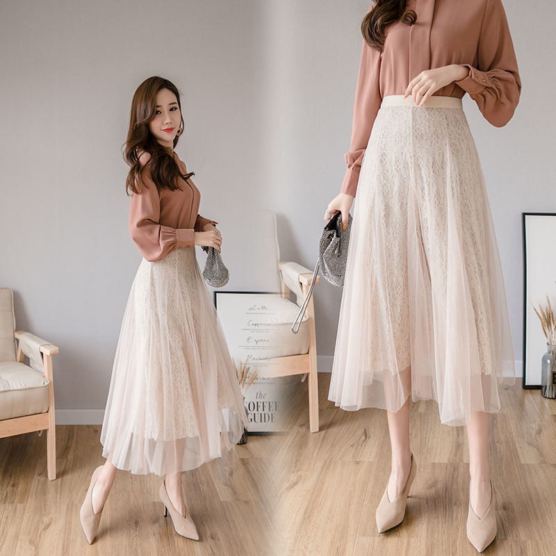Spring new lace skirt high waisted mesh medium length skirt with skirt characters