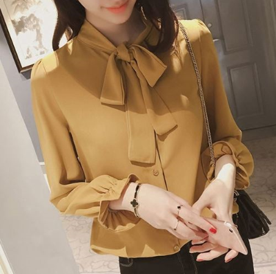 Spring and autumn new white shirt, Korean version, loose bow top, lace up chiffon shirt, women's long sleeve