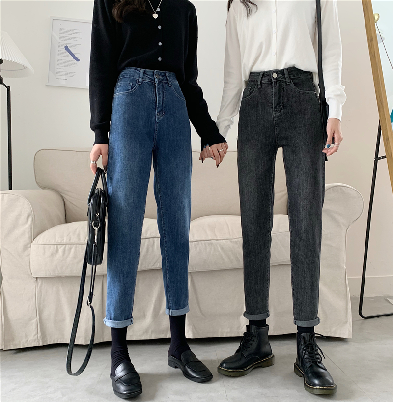Real shot Korean chic foreign style simple jeans retro versatile high waist jeans versatile 9-point pants