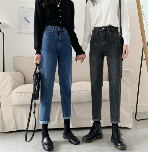 Real shot Korean chic foreign style simple jeans retro versatile high waist jeans versatile 9-point pants